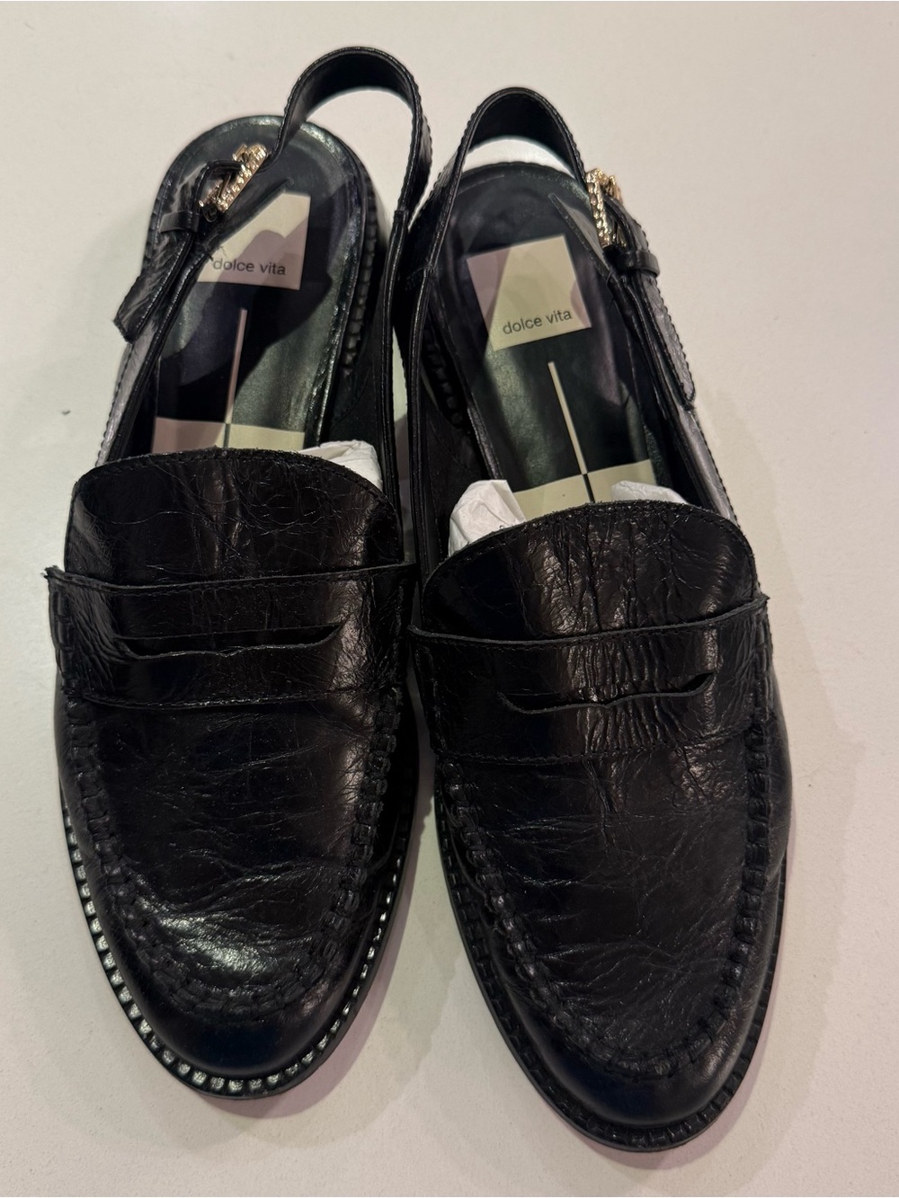 Dolce Vita Black Crinkle Leather Penny Loafer Slingback
